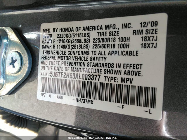2010 HONDA ACCORD CROSSTOUR EX-L VIN: 5J6TF2H53AL003377