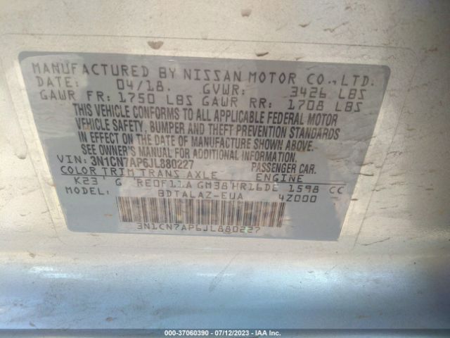 3N1CN7AP6JL880227 Nissan Versa Sedan S Plus