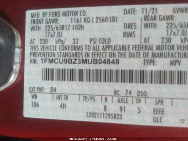 1FMCU9BZ3MUB04848 Ford Escape Se Hybrid