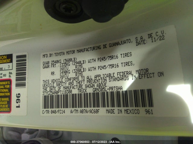 2023 TOYOTA TACOMA 4WD SR/SR5/TRD SPORT VIN: 3TYCZ5AN0PT118300