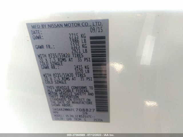 5N1AR2MMXFC708827 Nissan Pathfinder Platinum