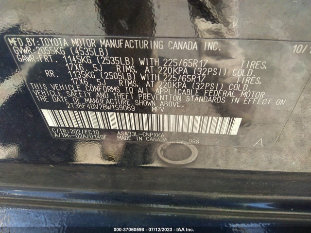 2011 TOYOTA RAV4 VIN: 2T3BF4DV2BW159069