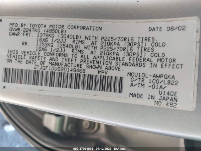 2002 LEXUS RX 300 VIN: JTJGF10U620149468