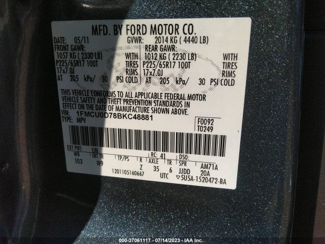 2011 FORD ESCAPE XLT VIN: 1FMCU0D78BKC48881
