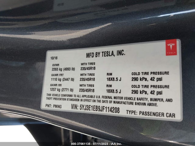 5YJ3E1EB9JF114208 Tesla Model 3 Performance/long Range