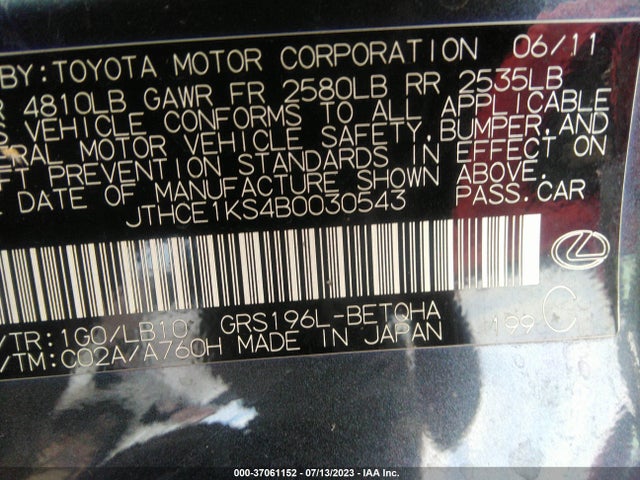 2011 LEXUS GS 350 VIN: JTHCE1KS4B0030543