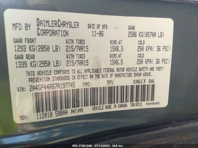 2007 CHRYSLER TOWN & COUNTRY LWB LX VIN: 2A4GP44R67R197745