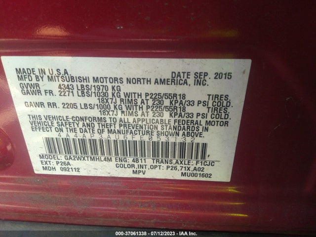 2015 MITSUBISHI OUTLANDER SPORT ES VIN: 4A4AP3AU6FE053132