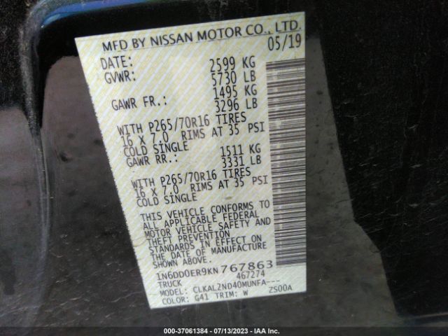 1N6DD0ER9KN767863 Nissan Frontier Sv