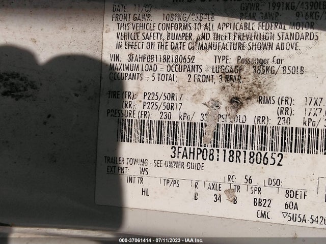 2008 FORD FUSION SEL VIN: 3FAHP08118R180652
