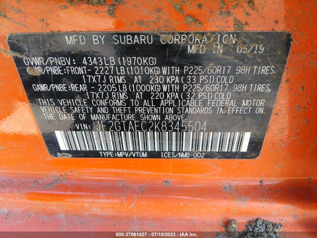 2019 SUBARU CROSSTREK PREMIUM VIN: JF2GTAEC2K8345504