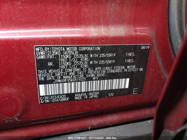 2019 TOYOTA RAV4 LIMITED VIN: JTMN1RFV5KD519325