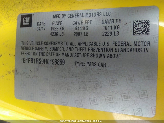 Chevrolet Camaro 1lt 2017 1G1FB1RS9H0198869 Image 9