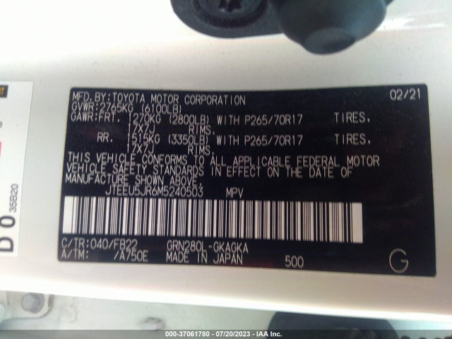 2021 TOYOTA 4RUNNER SR5 VIN: JTEEU5JR6M5240503