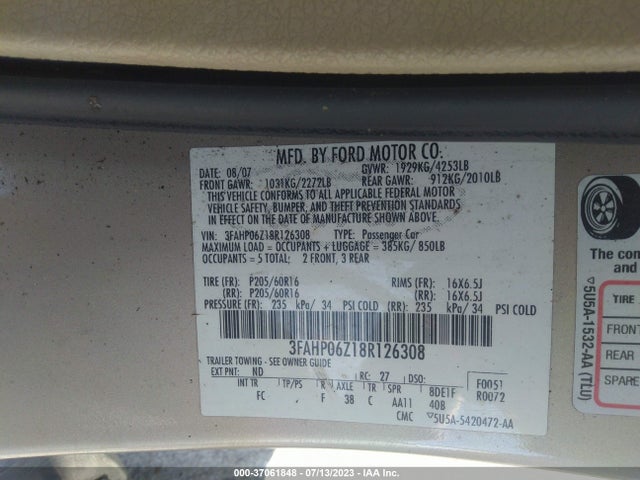 2008 FORD FUSION S VIN: 3FAHP06Z18R126308