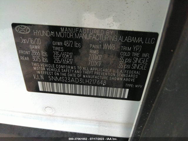 2020 HYUNDAI SANTA FE SE VIN: 5NMS23AD3LH217648