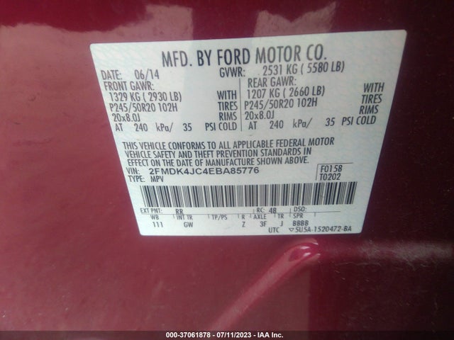 2014 FORD EDGE SEL VIN: 2FMDK4JC4EBA85776
