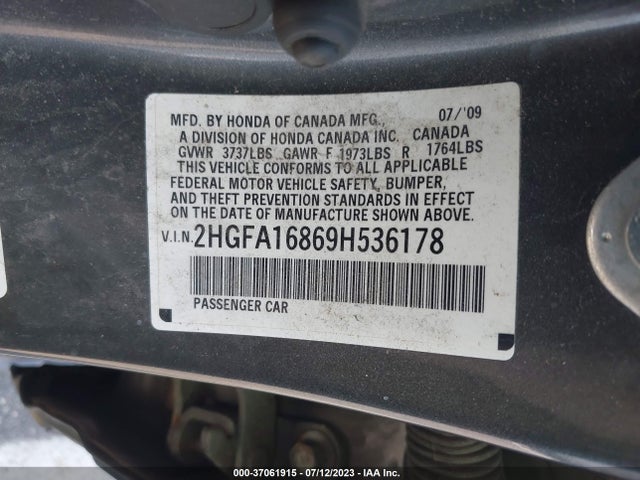 2009 HONDA CIVIC SDN EX VIN: 2HGFA16869H536178