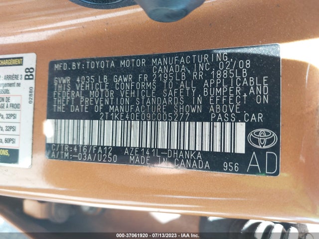 2009 TOYOTA MATRIX S VIN: 2T1KE40E09C005277