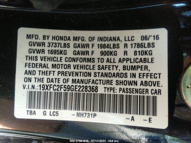 Honda Civic Sedan Lx 2016 19XFC2F59GE228368 Image 9