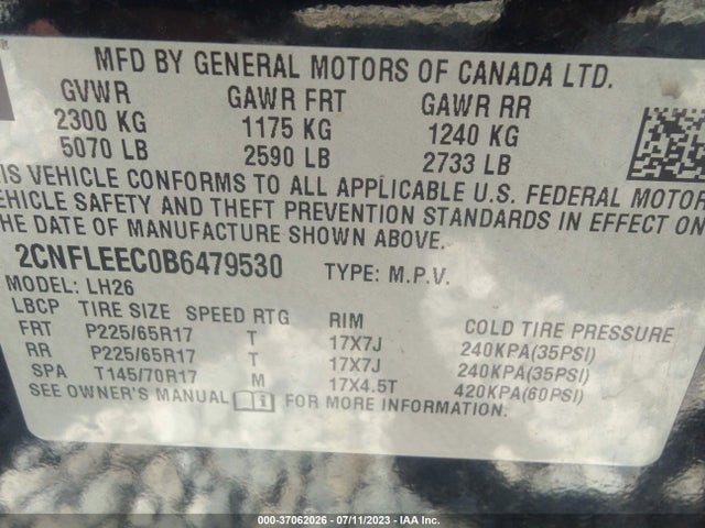 2011 CHEVROLET EQUINOX LT W/1LT VIN: 2CNFLEEC0B6479530