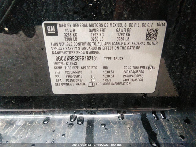 2015 CHEVROLET SILVERADO 1500 LT VIN: 3GCUKREC6FG182181