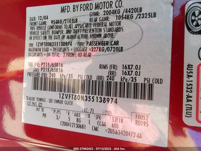 2005 FORD MUSTANG DELUXE/PREMIUM VIN: 1ZVFT80N355138974