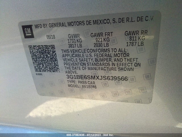 2018 CHEVROLET CRUZE LT VIN: 3G1BE6SMXJS639566