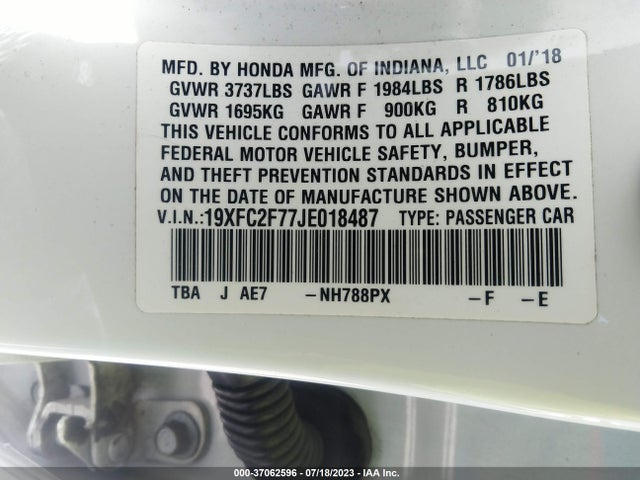 2018 HONDA CIVIC SEDAN EX VIN: 19XFC2F77JE018487