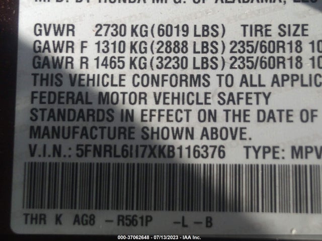 Honda Odyssey Ex-l 2019 5FNRL6H7XKB116376 Image 9