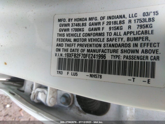 2015 HONDA CIVIC SEDAN SE VIN: 19XFB2F70FE241996