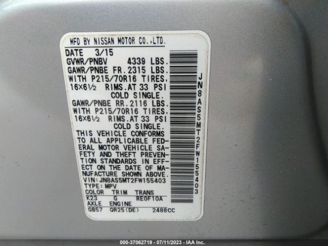 JN8AS5MT2FW155403 Nissan Rogue Select S