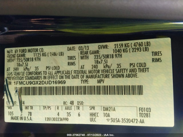 2013 FORD ESCAPE SE VIN: 1FMCU9GX2DUD16969
