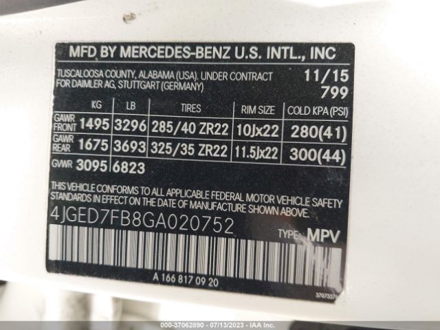 4JGED7FB8GA020752 Mercedes-Benz Gle Amg Gle 63 S