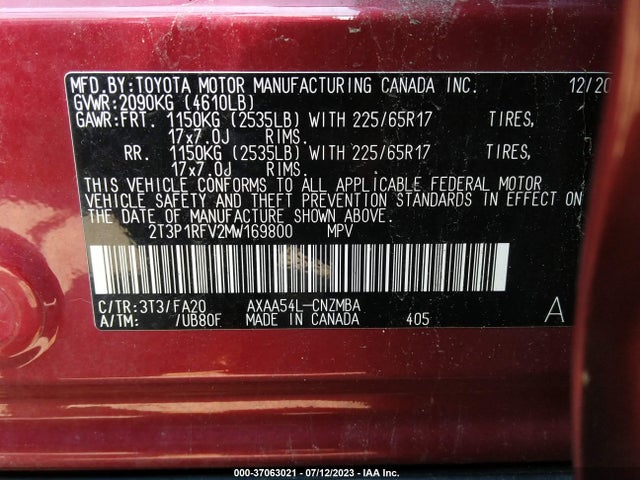2021 TOYOTA RAV4 XLE VIN: 2T3P1RFV2MW169800