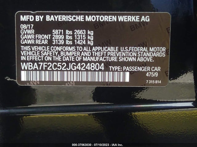 2018 BMW 7 SERIES ALPINA B7 XDRIVE VIN: WBA7F2C52JG424804