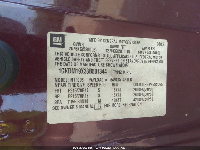2003 GMC SAFARI PASSENGER VIN: 1GKDM19X33B501344