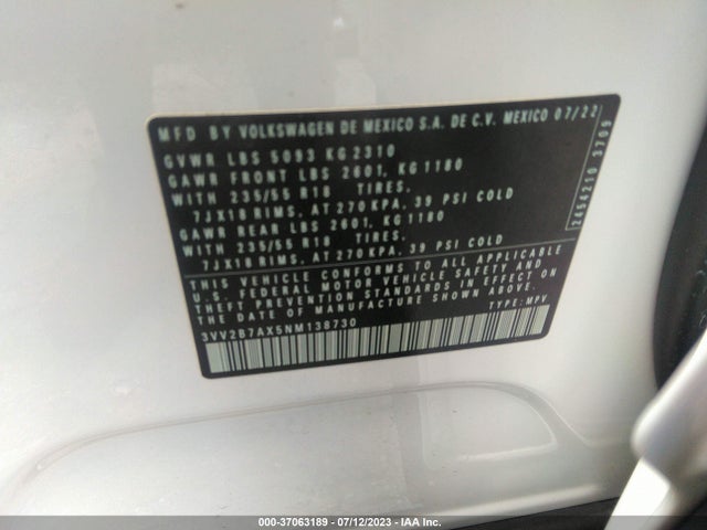 3VV2B7AX5NM138730 Volkswagen TIGUAN SE
