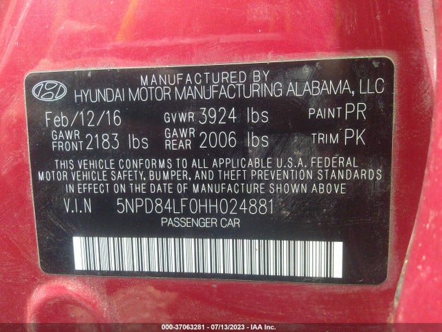 2017 HYUNDAI ELANTRA SE VIN: 5NPD84LF0HH024881