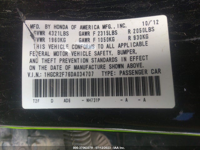 2013 HONDA ACCORD SDN EX VIN: 1HGCR2F76DA034707