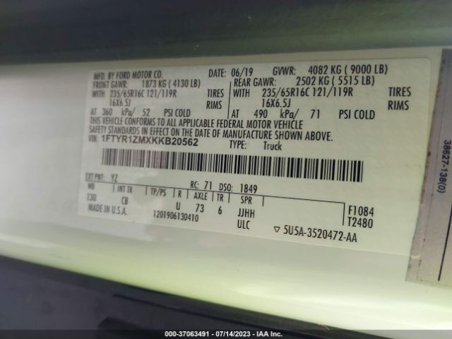 1FTYR1ZMXKKB20562 Ford TRANSIT VAN