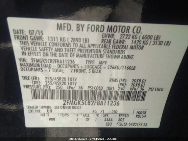 2FMGK5C82FBA11236 Ford FLEX SEL