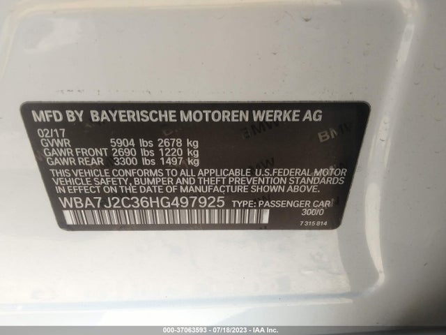 2017 BMW 7 SERIES 740E XDRIVE IPERFORMANCE VIN: WBA7J2C36HG497925