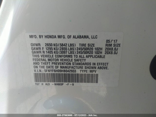 Honda Pilot Elite 2017 5FNYF6H09HB042933 Image 9