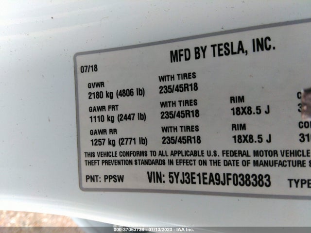 Tesla Model 3 Range Battery 2018 5YJ3E1EA9JF038383 Image 9