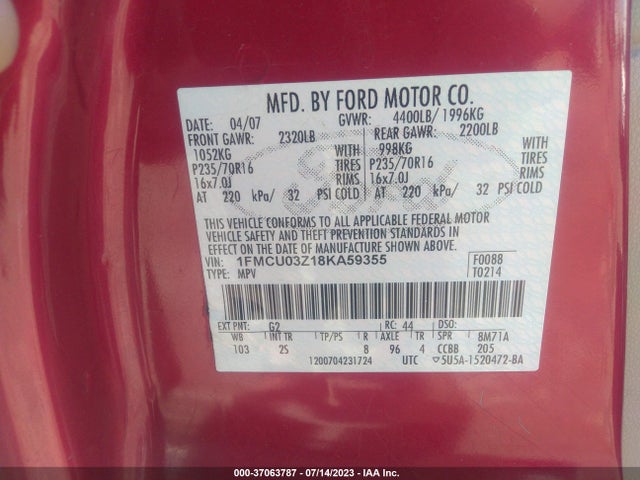2008 FORD ESCAPE XLT VIN: 1FMCU03Z18KA59355