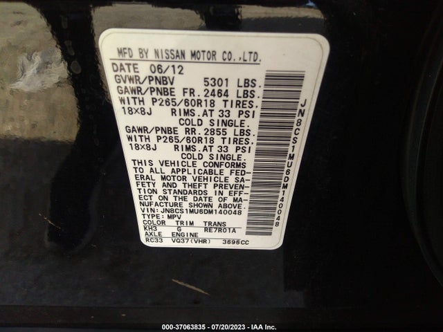 2013 INFINITI FX37 VIN: JN8CS1MU6DM140048