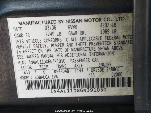 2006 NISSAN ALTIMA 2.5 VIN: 1N4AL11DX6N391050
