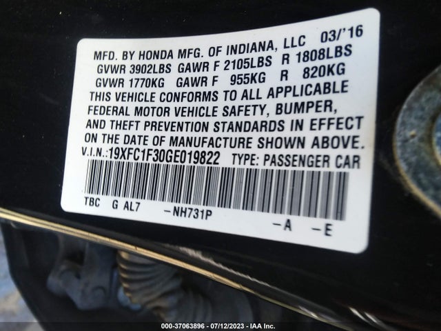 Aukcja sprzedaży 2016 Honda Civic Sedan Ex-t, vin: 19XFC1F30GE019822, numer aukcji: 37063896