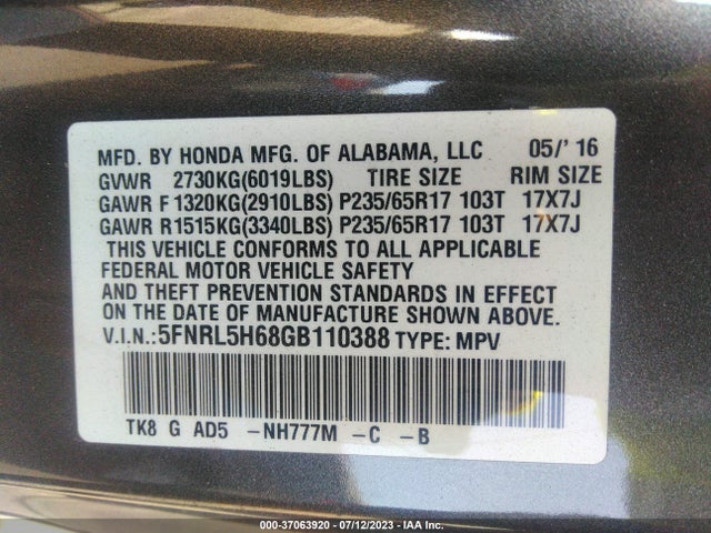2016 HONDA ODYSSEY EX-L VIN: 5FNRL5H68GB110388